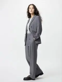 美品 ユニクロ ダブルジャケット タックワイドパンツ セットアップ グレー