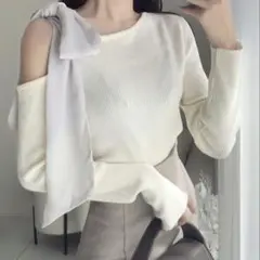 【新品】ワンショルダーリボンリブニットトップス[tu1405]アイボリーLサイズ