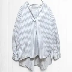 2245【オペークドットクリップ】ストライプ柄シャツチュニック 白 Ｌ ゆったりのサムネイル