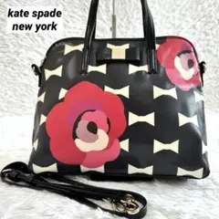 良品✨ケイトスペード 花柄 ハンドバッグ PVC 黒 ブラック