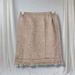 ナチュラルビューティーベーシック ツイードスカート XS フリンジ 春 膝丈