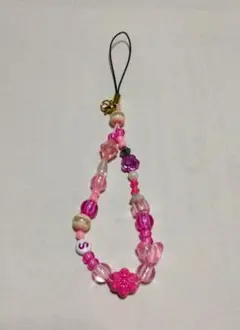 ハンドメイド　カラフル　ビーズ　ストラップ　ピンク