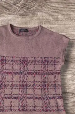 茶色チェック柄ニット 半袖 トップス