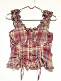 グレイル　トップス　レッド系チェックフリルシャツ　フリーサイズ
