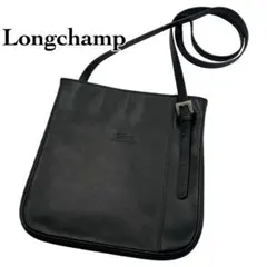 極美品 ロンシャン ショルダーバッグ ロゴ型押し レザー ブラック サコッシュ