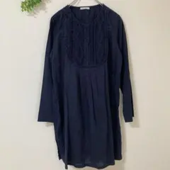 サニークラウズ　トップス　チュニック　編み込み　ネイビー　ワンピース　長袖　薄地