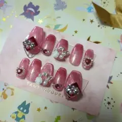 ジェルネイルチップ　ピンクマグネット　蝶々　ハート　フレンチ