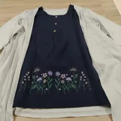 重ね着風 チュニック✩ホワイトグレー×ネイビー