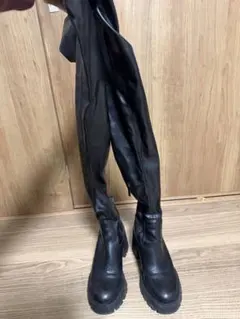 オーバーニーブーツ ブラック レザー風 ウェッジヒール