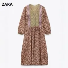ザラ　エスニックワンピース　ボリューム袖　花モチーフレース　ブロックプリント風