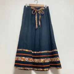 ロングフレアスカート ブラック オレンジ 花柄 レディース L 綿混 春夏秋