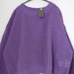 新品✨透かし編みニット メッシュニットプルオーバー パープル　L　無地