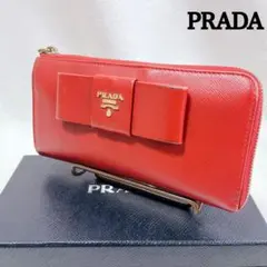 プラダ 長財布 L字ジップ リボン サフィアーノ フィオッコ 赤 箱付き