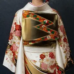 【C3-92】袋帯 単品 六通 ゴールド 黒 オレンジ 426cm フォーマル帯