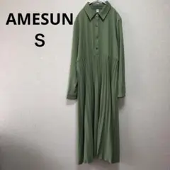 【AMESUN】オリーブグリーン 長袖 シャツワンピース プリーツ【S】