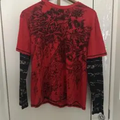 赤いスカルプリント七分袖カットソー