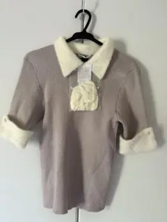 特別タイムセール！秋先取り新品タグ付きグレー/ホワイト半袖ニット Mサイズ