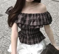 GRL チェック柄オフショルダーフリルトップス[tu1744]