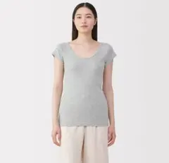 無印良品 婦人 フライス編みフレンチスリーブTシャツ グレー Mのサムネイル
