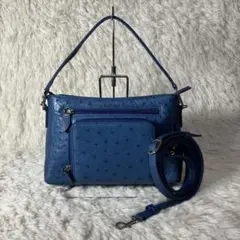 美品 オーストリッチ レザーハンドバッグ ショルダー 本革 多収納 ブルー 青