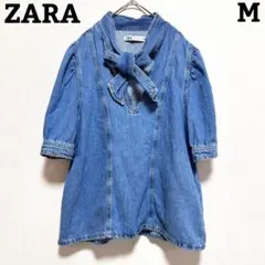 ZARA デニム半袖トップス ボウタイ ブルー M パフスリーブ archiveのサムネイル