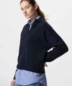 【UNIQLO】スムースコットンリラックスポロセーター ネイビー M /0336