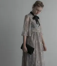 【BONLECILL noir】2wayサテンボウタイリボン 配色総レースドレス