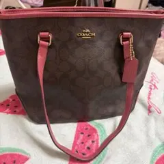COACH シグネチャー トートバッグ ダークブラウン×ピンクのサムネイル