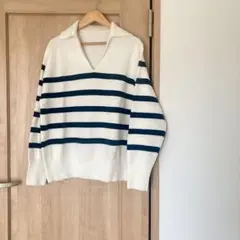 【未使用】無印良品 ミラノリブ編み スキッパーポロセーター ボーダー S