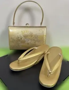 【和装小物】訳アリ　ゴールド系の草履バッグセット