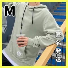 新品✨レイヤード風 パーカー スウェット グリーン ユニセックス M 裏起毛