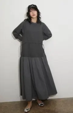 アダムエロペ　【サステナブル】タフタコンビワンピース　チャコール