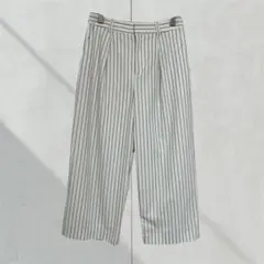 T321【ミシェルクラン】パンツ　七分丈　ストライプ　ホワイト　ワイド　S