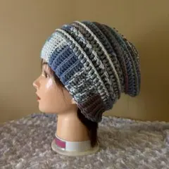 ストライプ くしゃっとニット帽 青 白 茶色
