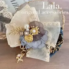 no.98 ハンドメイド　デニムとレースリボンのアンティーク調ヘアアクセサリー