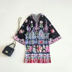 極美品☆近年モデル レオナール シルク100% 花柄 ワンピース フリル 42