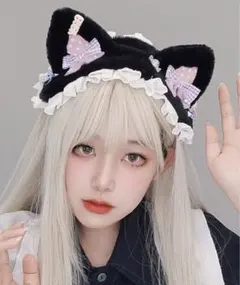 猫耳　カチューシャ　ゴスロリ　ブラック　ヘッドドレス　フリル付き　リボン