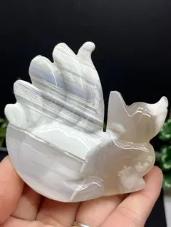 天然石　桜瑪瑙　カービング　九尾　フラワーアゲート　台座付き⭐️1844