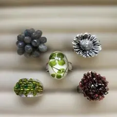 12〜15号 花 四葉のクローバー水中花等デザインリング5点まとめ売り