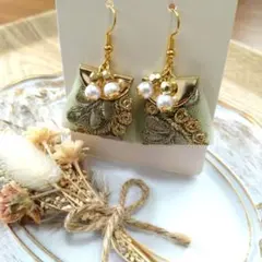 インド刺繍リボン ピアス　揺れる　パール グリーン