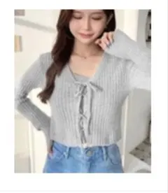 グレー リブ編み 長袖ニット Mサイズ