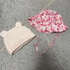 ベビー帽子 ２個セット　/うさ耳　くま耳　花柄 ピンク　3-6ヶ月