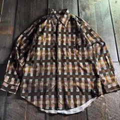 古着　総柄　コーデュロイシャツ　チェックネルシャツ　ブラウン　M 太アーム