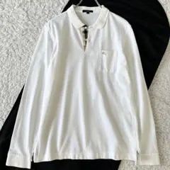 BURBERRY LONDON 長袖ポロシャツ LL 白 ノバチェック ロゴ刺繍