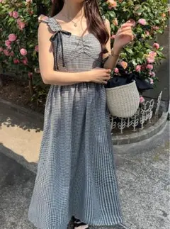 リボンギャザーチェック柄ワンピース　grl