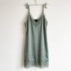 【H&M】レーストリム キャミソールワンピース S グリーン 光沢サテン