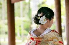 和装用 髪飾りセット 白い花 玉飾り葉っぱ形飾り　金箔　水引