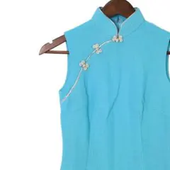 【美品】コルボー ターコイズ チャイナドレス ロングワンピース 花形ボタン