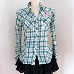 チェック ワッペン シャツ Y2K 平成ギャル 女児 ダークコア グランジ 00