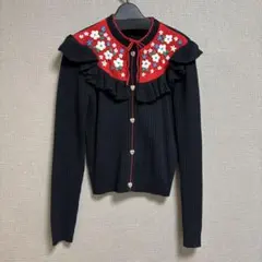 miumiu フリル付き黒リブニットカーディガン(美品)